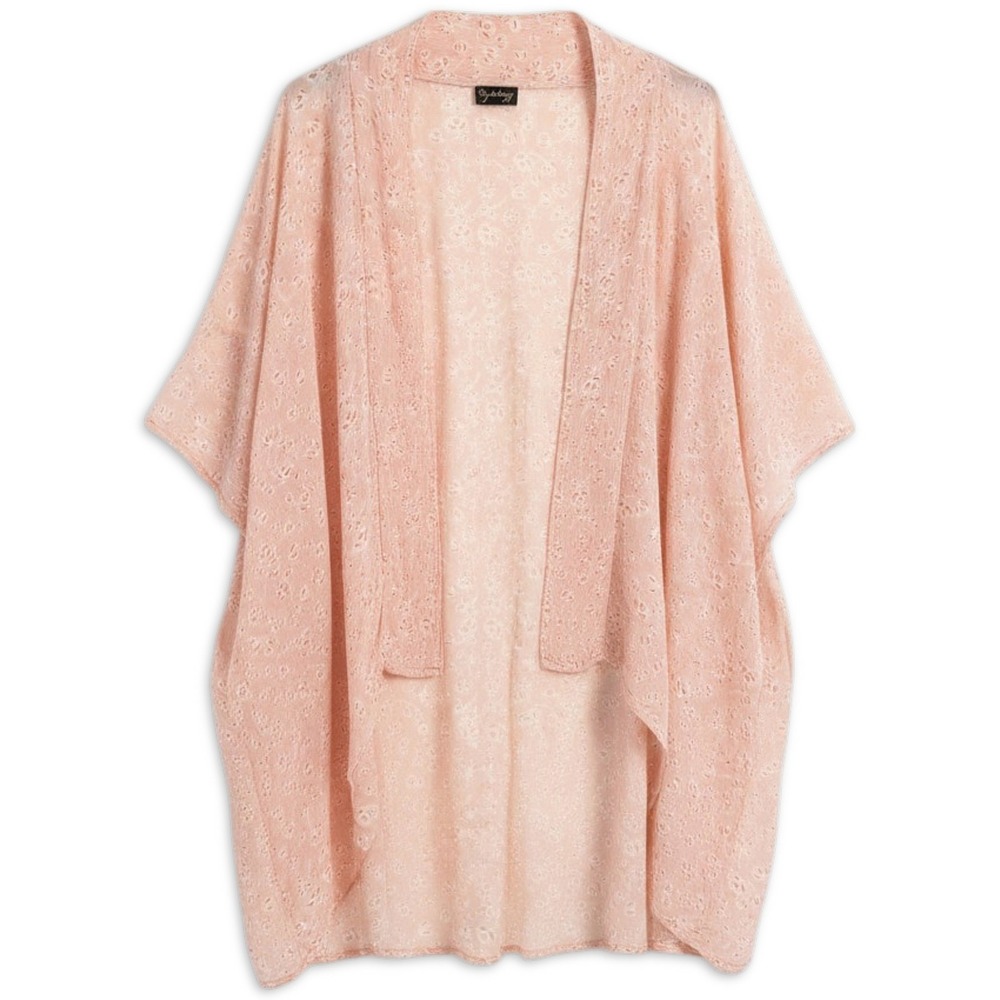 Symbology Kimono Coverup Womens OS Peachy Pink Floral Rayon Open Front Boho